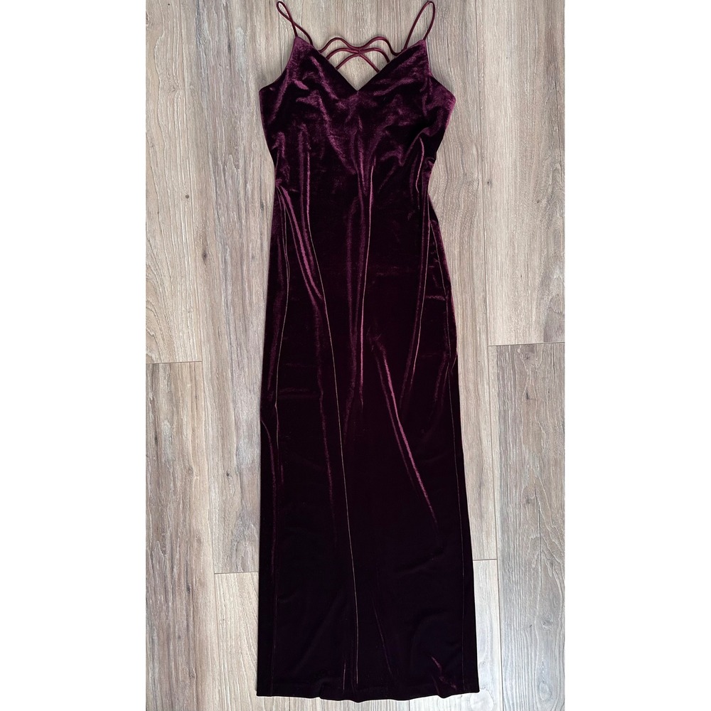 Roberta Burgundy Velvet Strappy Rhinestone Cage Back Maxi Dress Medium Glam Y2K